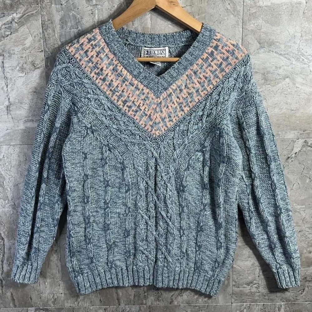 Vintage Gina Peters thick blue cable‎ knit V neck sweater Size S #knitwear